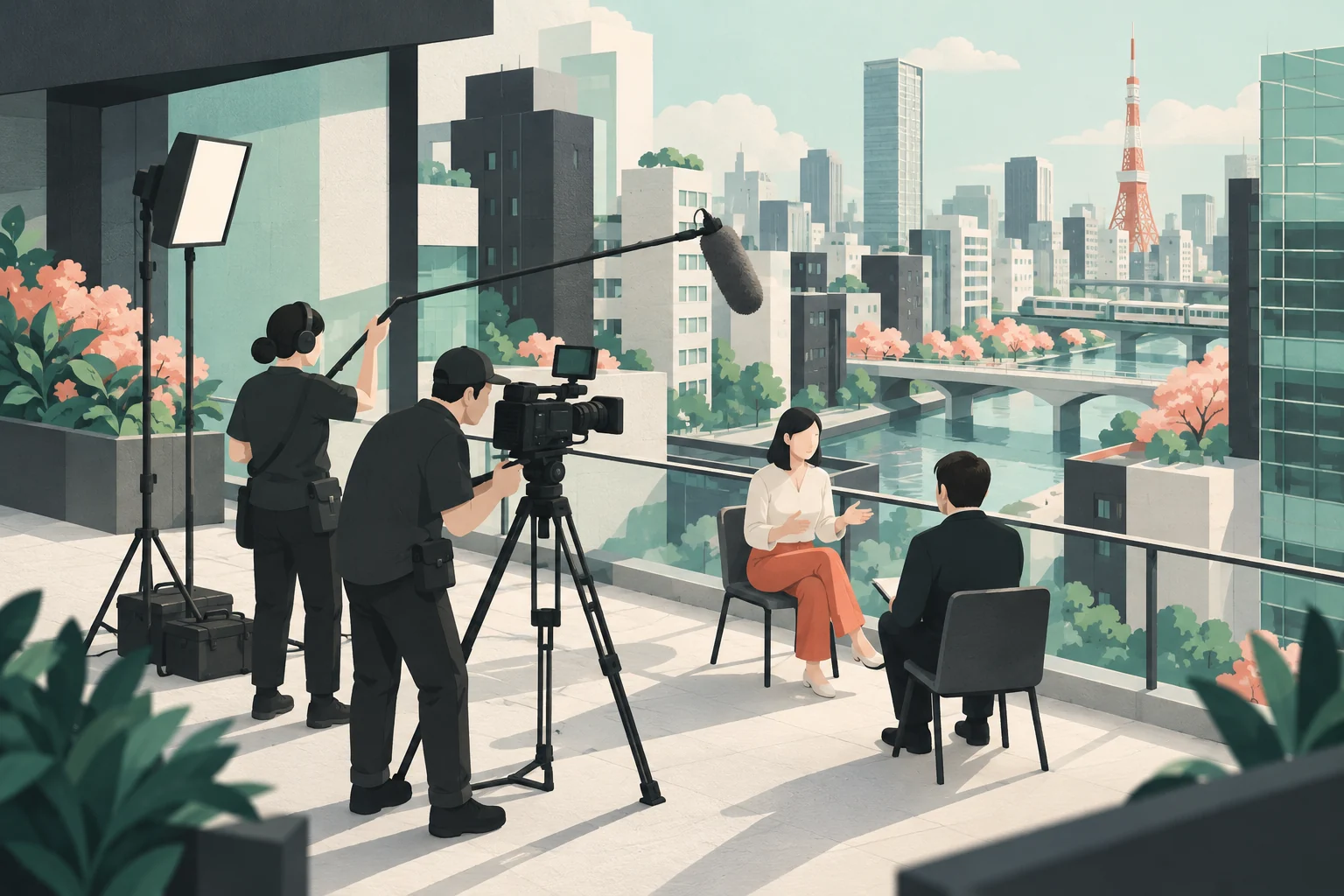 AI-generated illustration of a crew filming an interview with a camera, light and boom microphone in a Japanese city setting.
