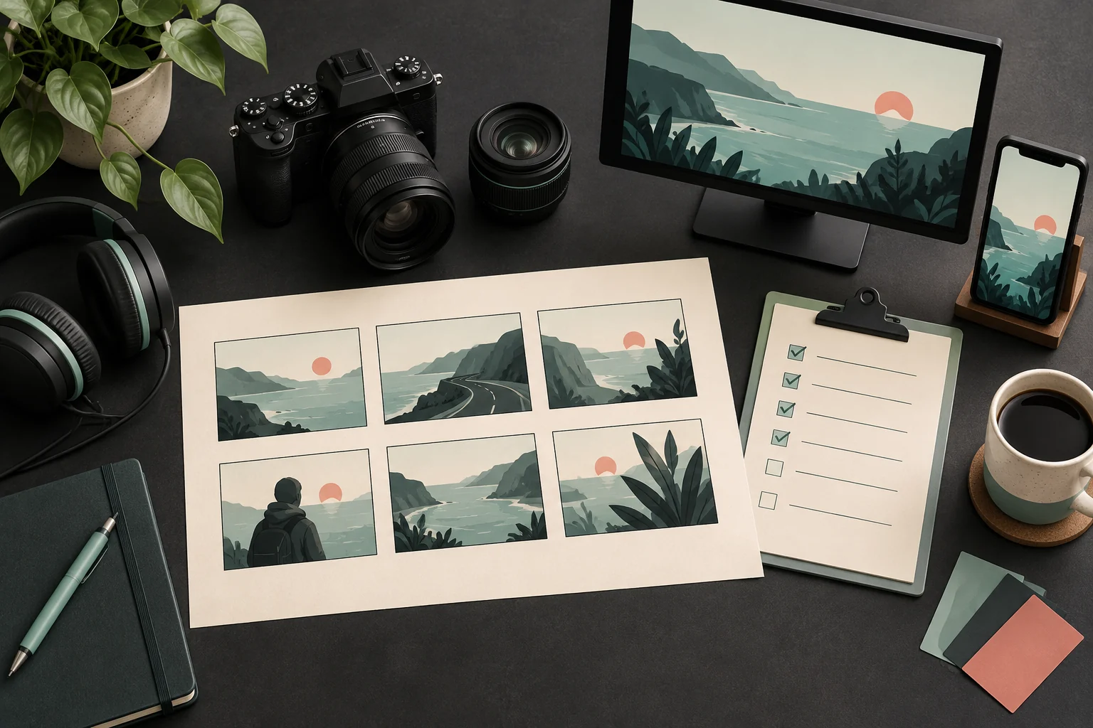 AI-generated illustration of a storyboard, shot-list checklist, camera, landscape monitor and vertical phone on a planning desk.