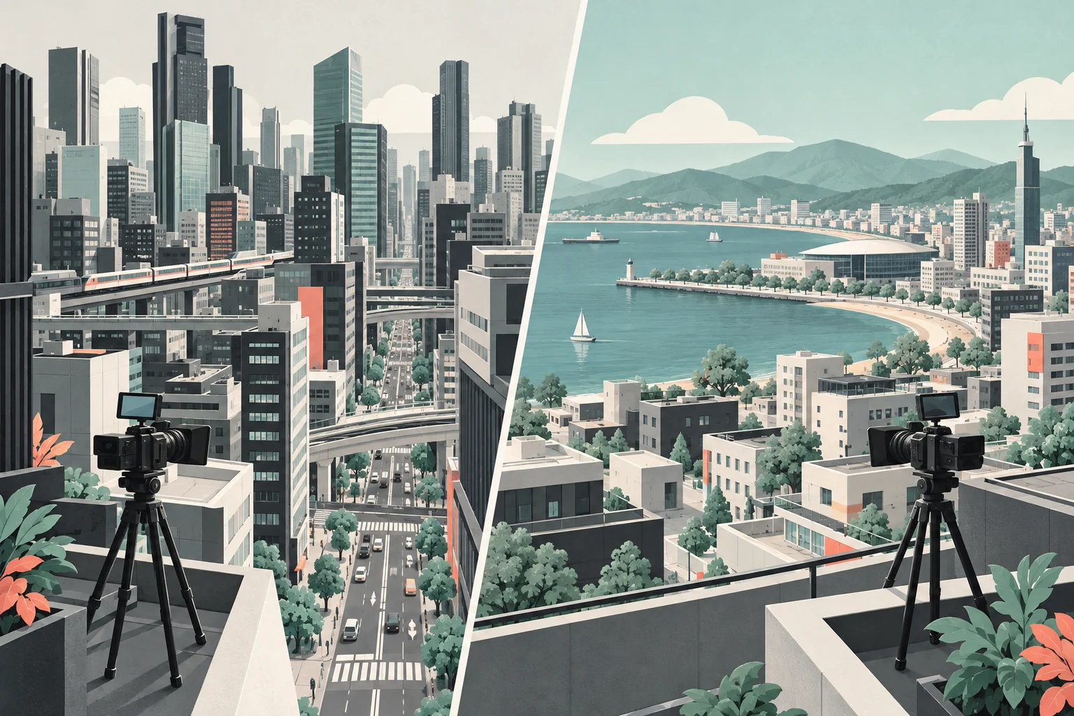 AI-generated illustration comparing a dense city setting and a waterfront city setting, each with a filming camera.